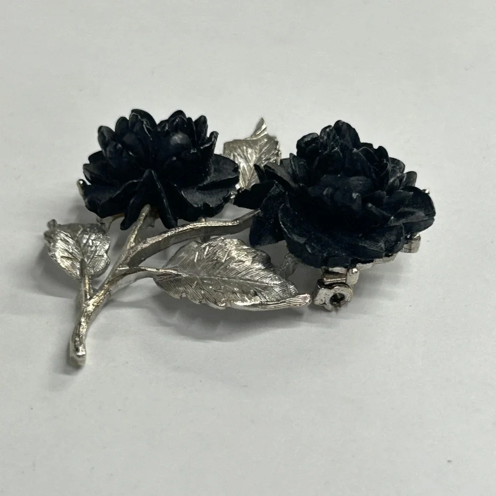 Gothic Black Rose Double Flower Brooch Pin OS Silver Black Dark Romantic Grunge